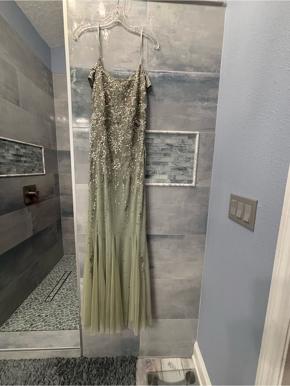 Adrianna Papell Sequin-Embellished Sage Green Tulle Gown